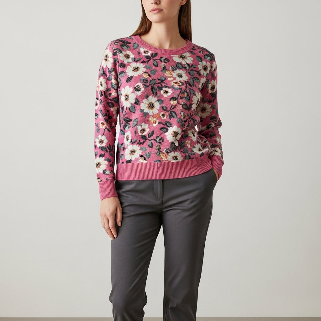 Pullover i strik til kvinder med blomsterprint