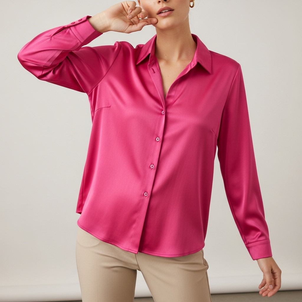 Langærmede satinbluser med knapper til damer
