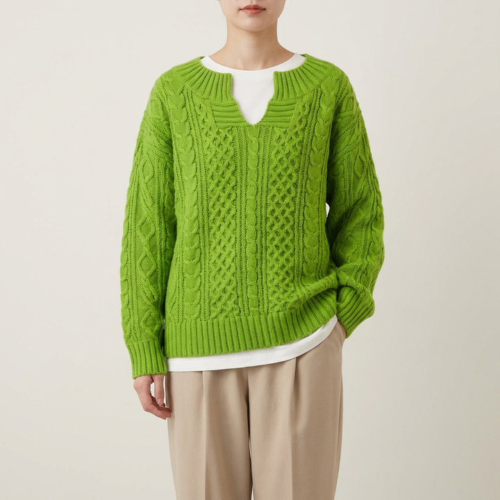 Kabelstrikket sweater til kvinder med V-hals