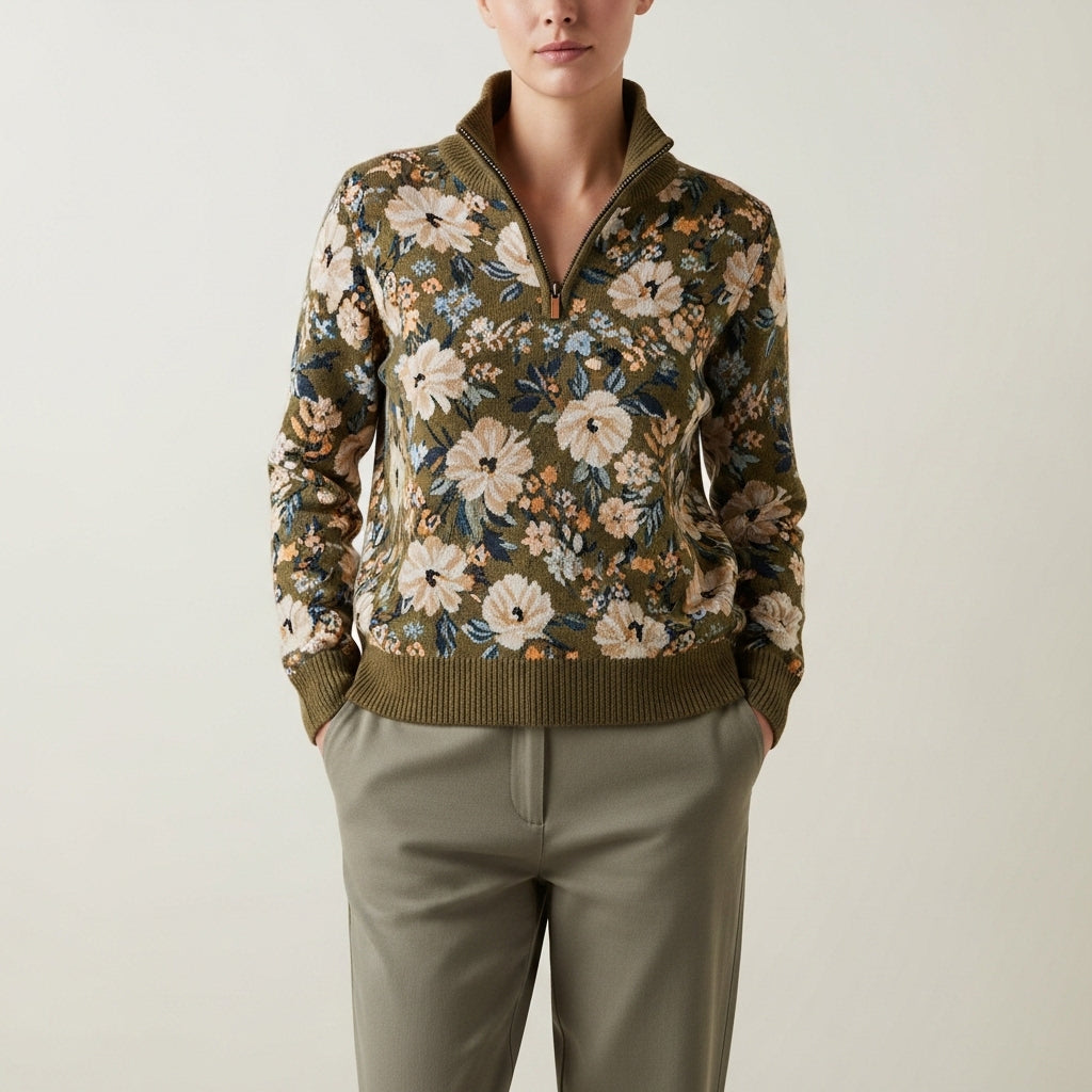 Pullover i strik til kvinder med blomsterprint