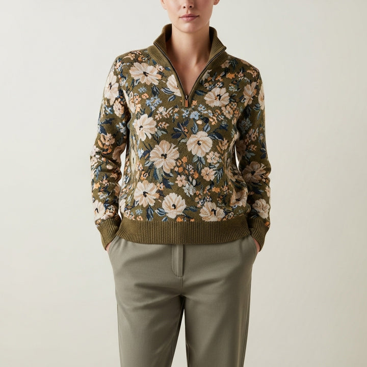 Pullover i strik til kvinder med blomsterprint