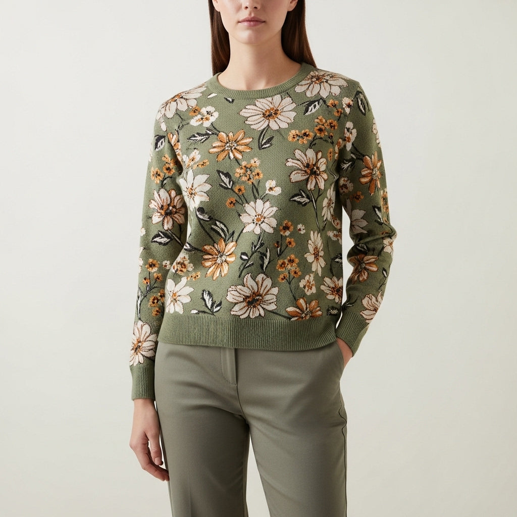 Pullover i strik til kvinder med blomsterprint