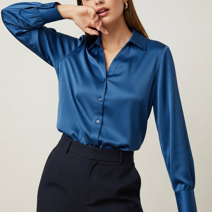 Langærmede satinbluser med knapper til damer