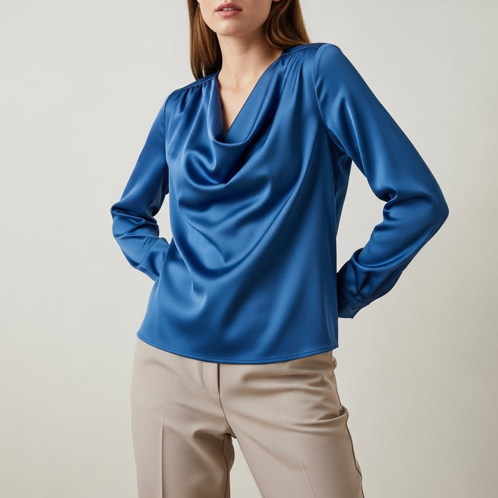 Satinbluser med vandfaldsudskæring og lange ærmer til damer