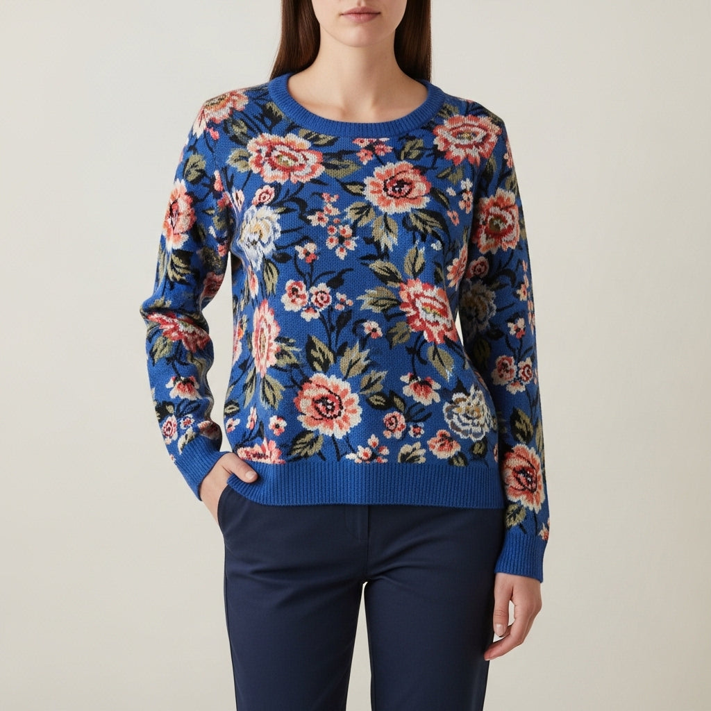 Pullover i strik til kvinder med blomsterprint