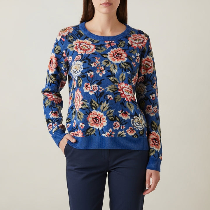Pullover i strik til kvinder med blomsterprint