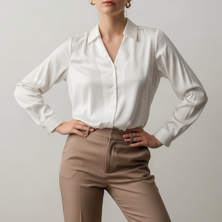 Langærmede satinbluser med knapper til damer
