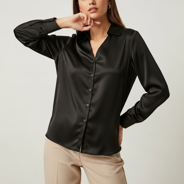 Langærmede satinbluser med knapper til damer