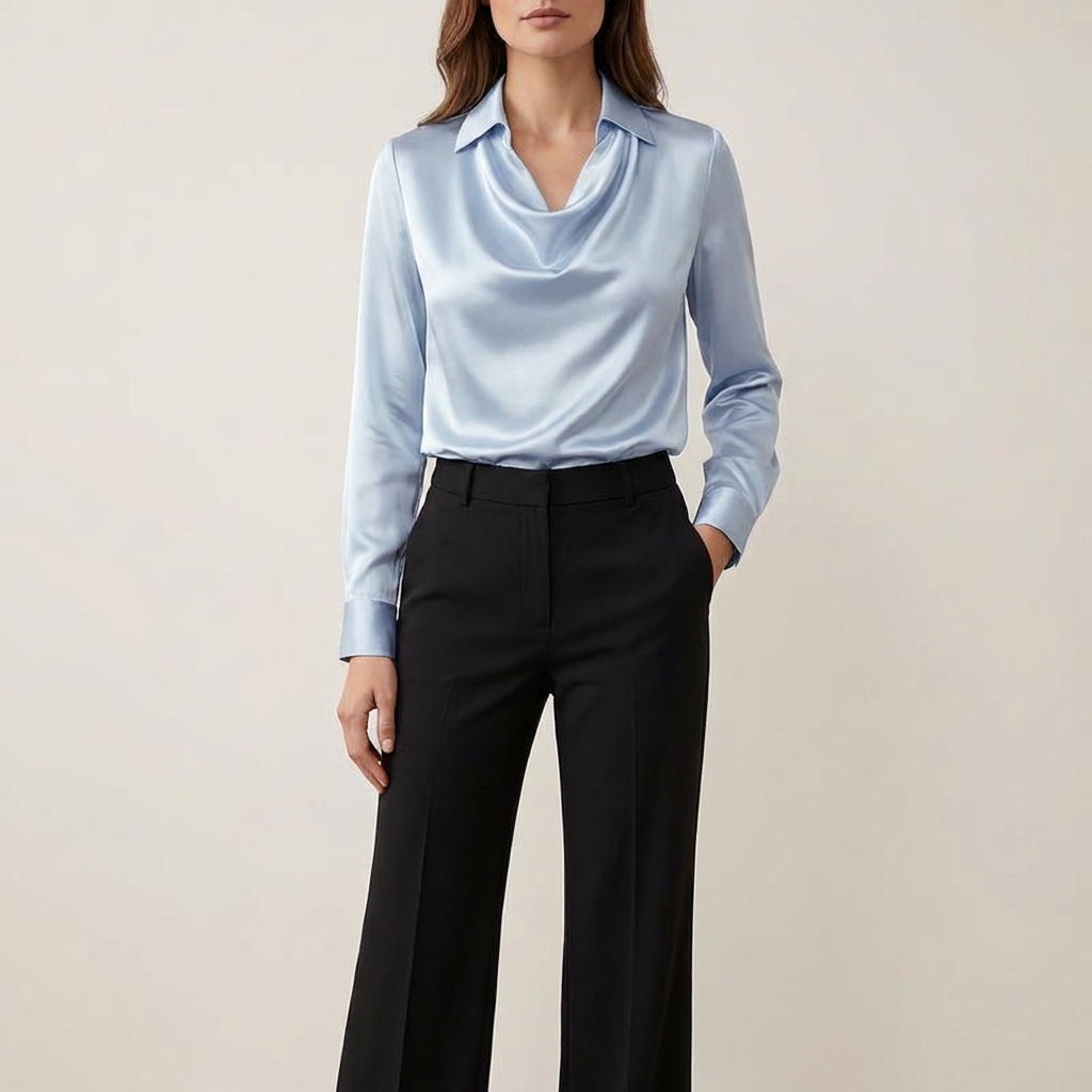 Satin damebluse med draperet halsudskæring