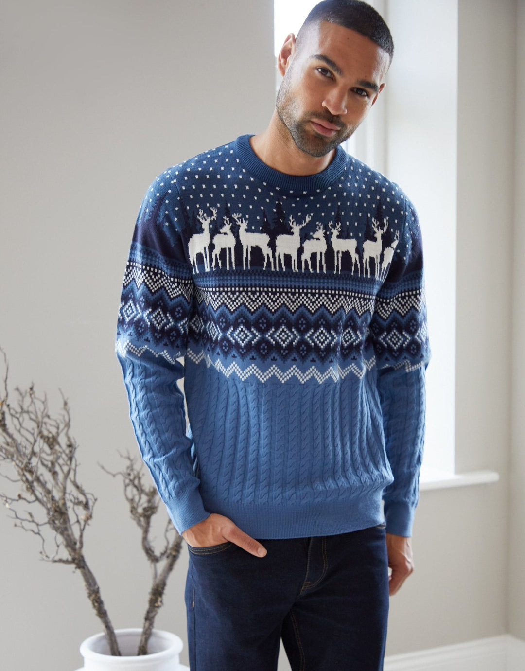 Men's Christmas Jumper Fair Isle Reindeer Cable Knit in Blue