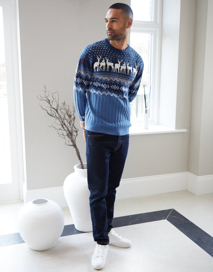 Men's Christmas Jumper Fair Isle Reindeer Cable Knit in Blue