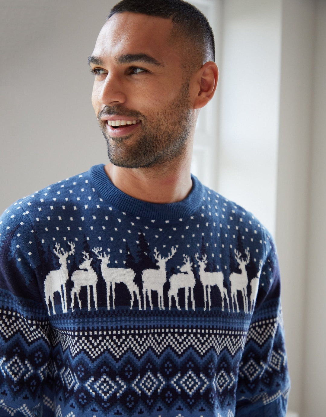Men's Christmas Jumper Fair Isle Reindeer Cable Knit in Blue