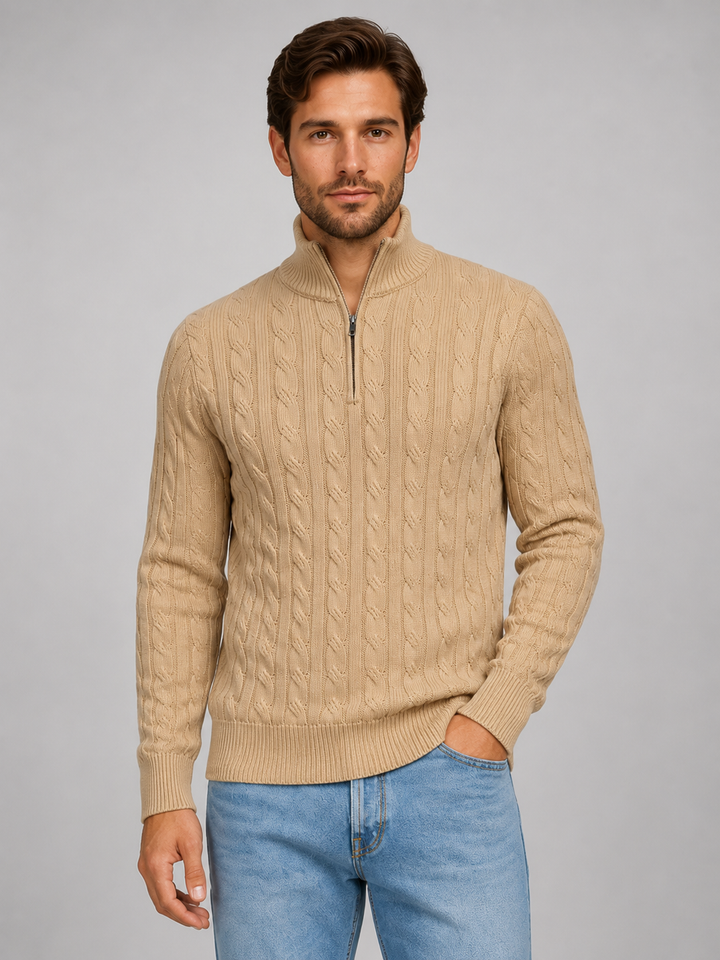 Men's Cable Knit Quarter-Zip Funnel Neck Jumper