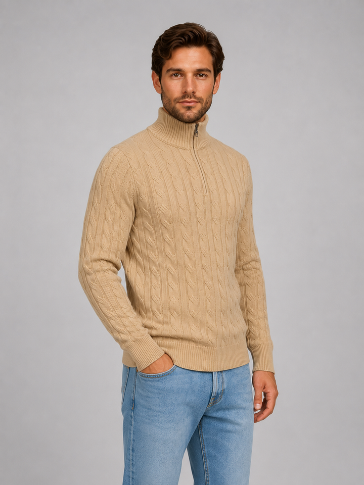 Men's Cable Knit Quarter-Zip Funnel Neck Jumper