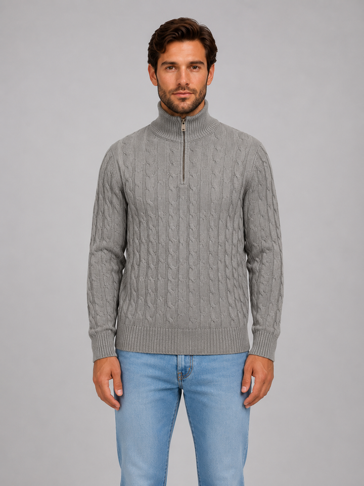 Men's Cable Knit Quarter-Zip Funnel Neck Jumper