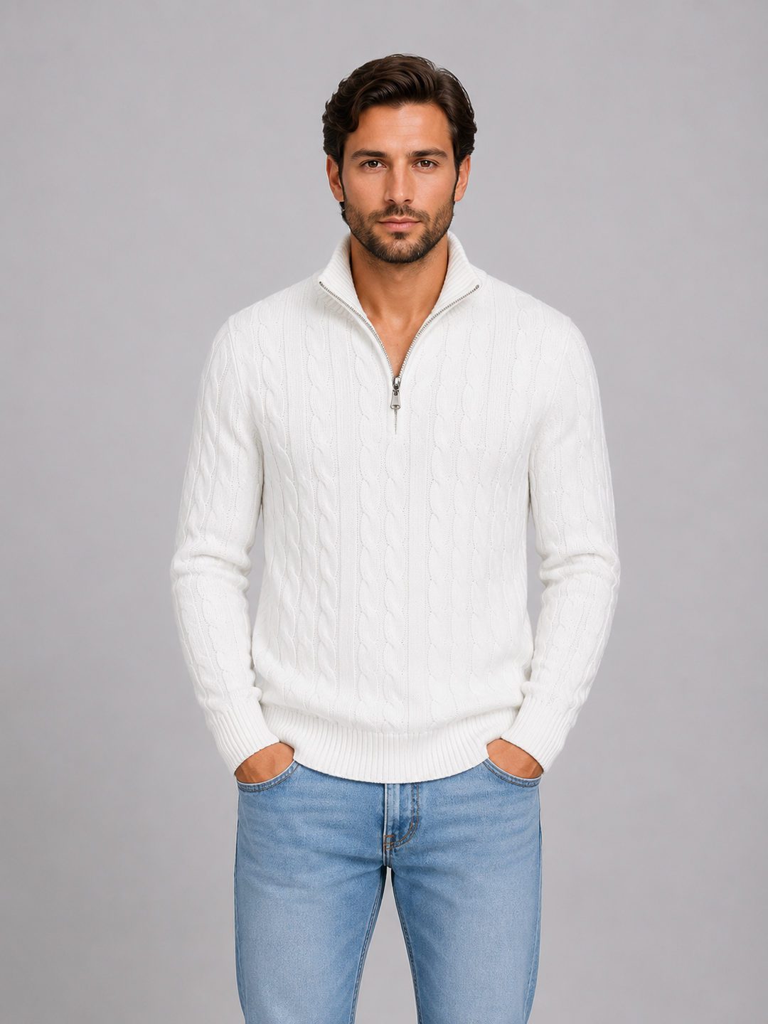 Men's Cable Knit Quarter-Zip Funnel Neck Jumper