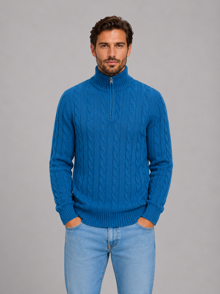 Men's Cable Knit Quarter-Zip Funnel Neck Jumper