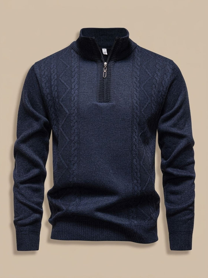 Men's Cable-Knit Quarter-Zip Stand-Collar Sweater