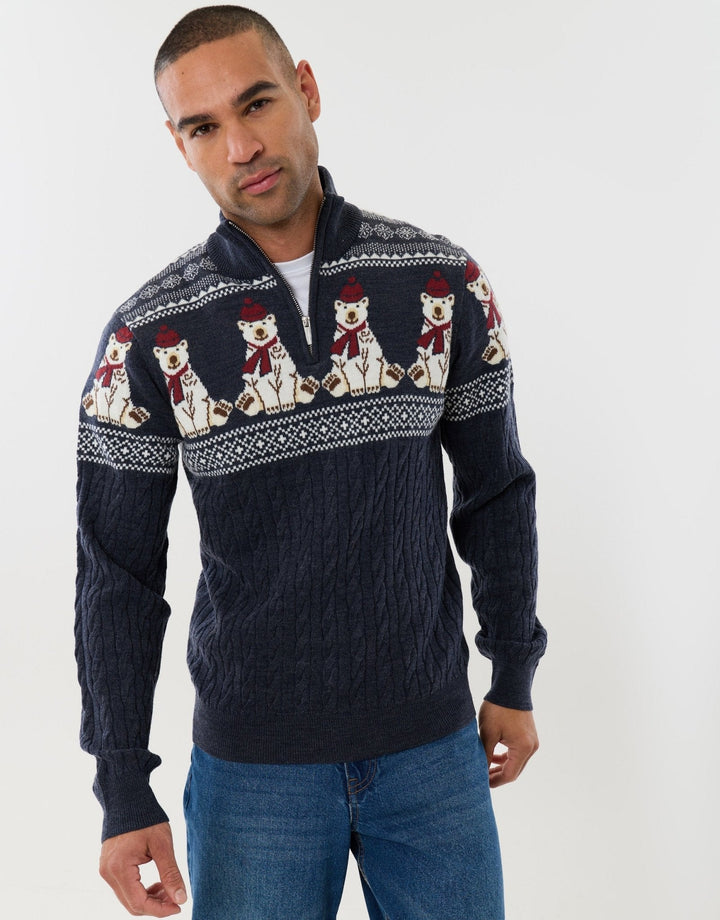 Men's Christmas Jumper Fair Isle Polar Bear Quarter Zip