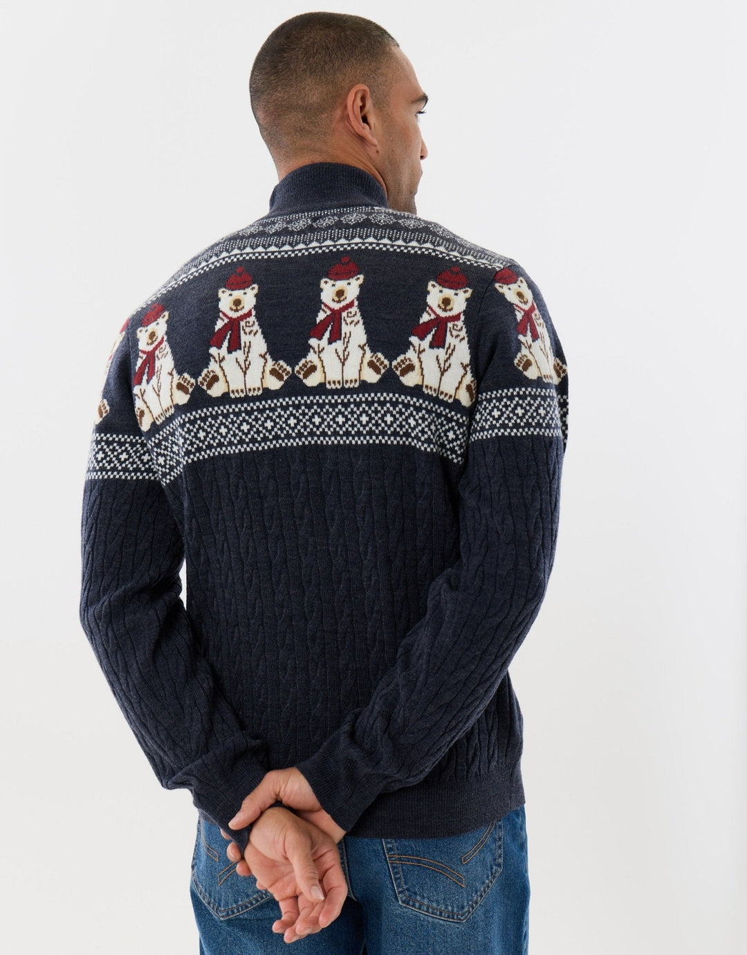 Men's Christmas Jumper Fair Isle Polar Bear Quarter Zip