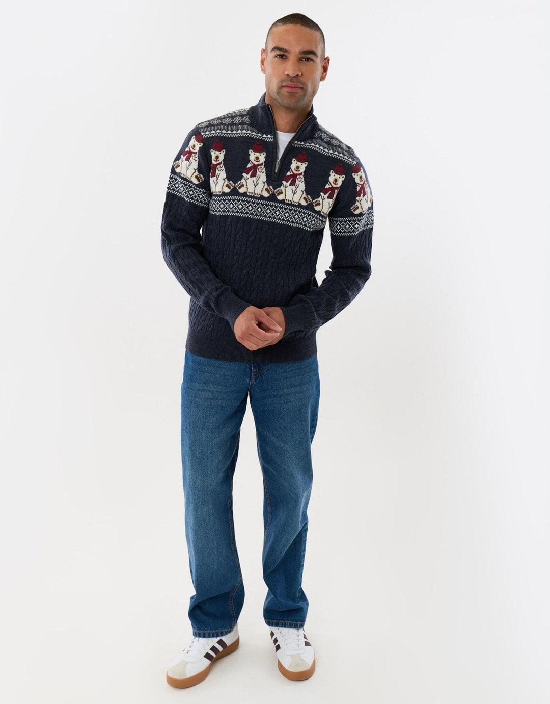 Men's Christmas Jumper Fair Isle Polar Bear Quarter Zip