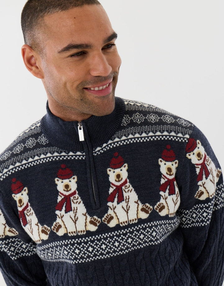Men's Christmas Jumper Fair Isle Polar Bear Quarter Zip