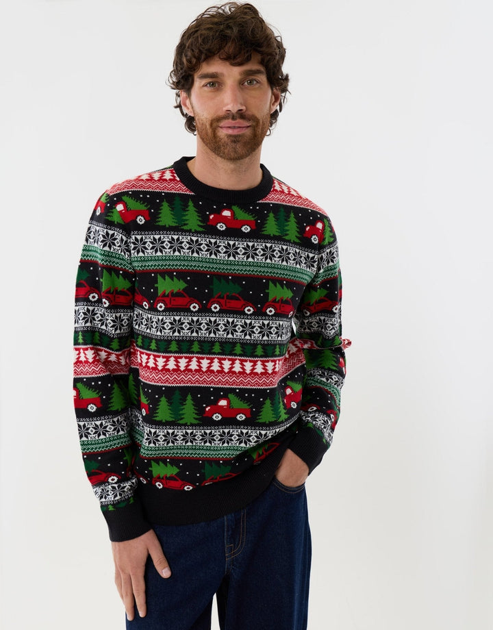 Men's Christmas Jumper Fair Isle Red Car Tree Crew Neck