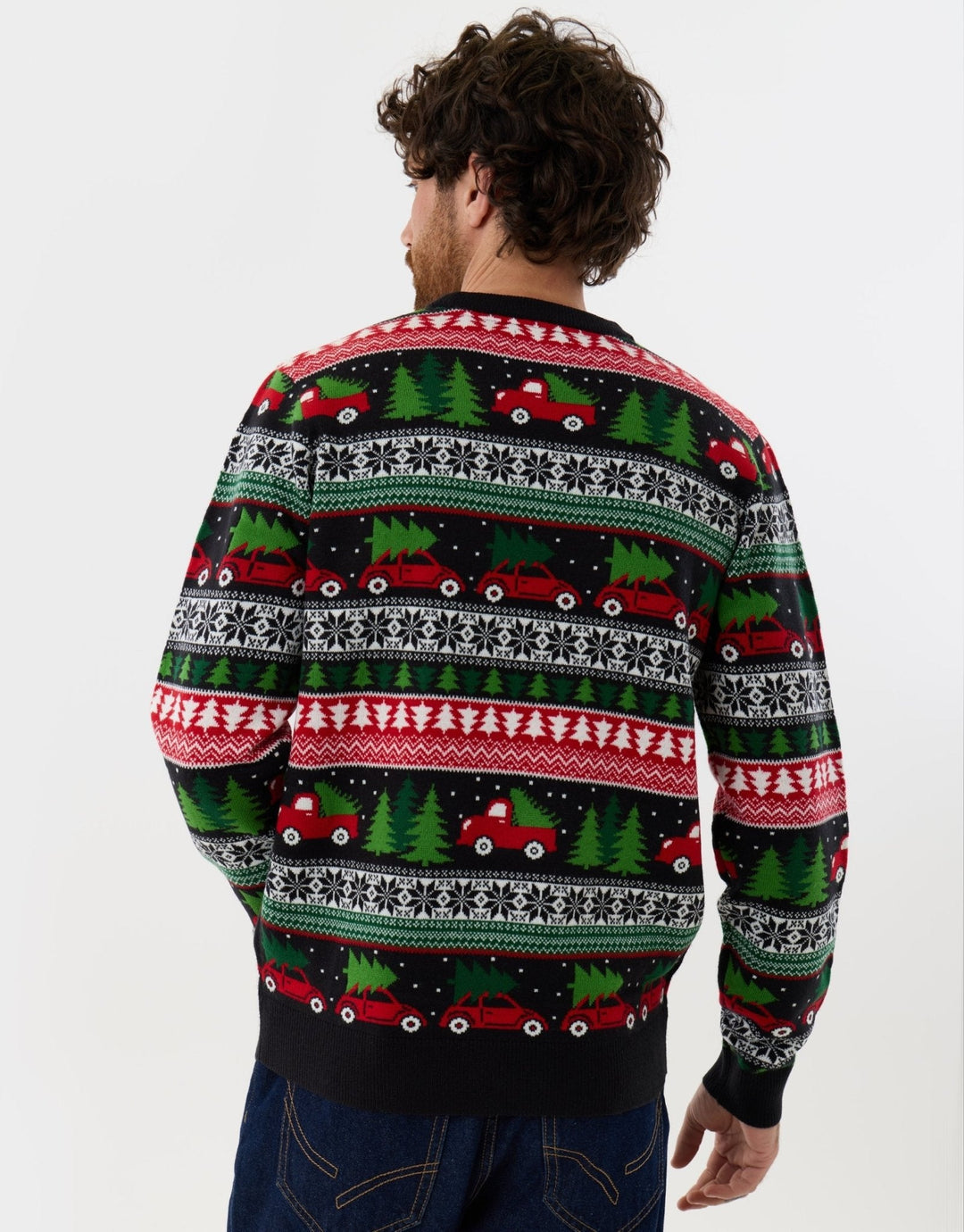 Men's Christmas Jumper Fair Isle Red Car Tree Crew Neck