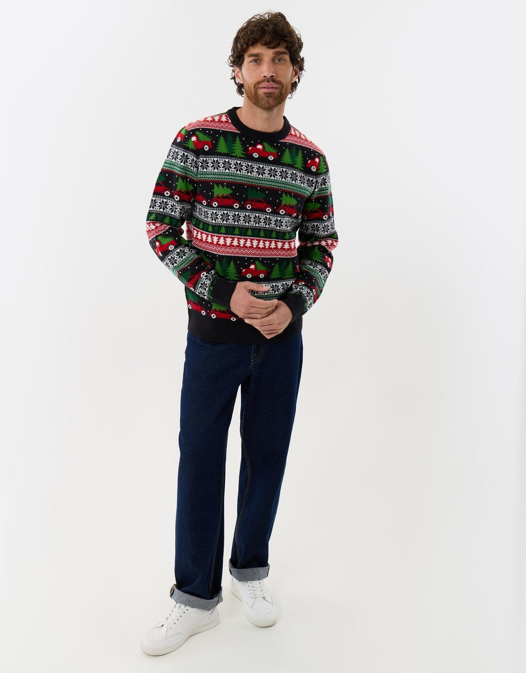Men's Christmas Jumper Fair Isle Red Car Tree Crew Neck