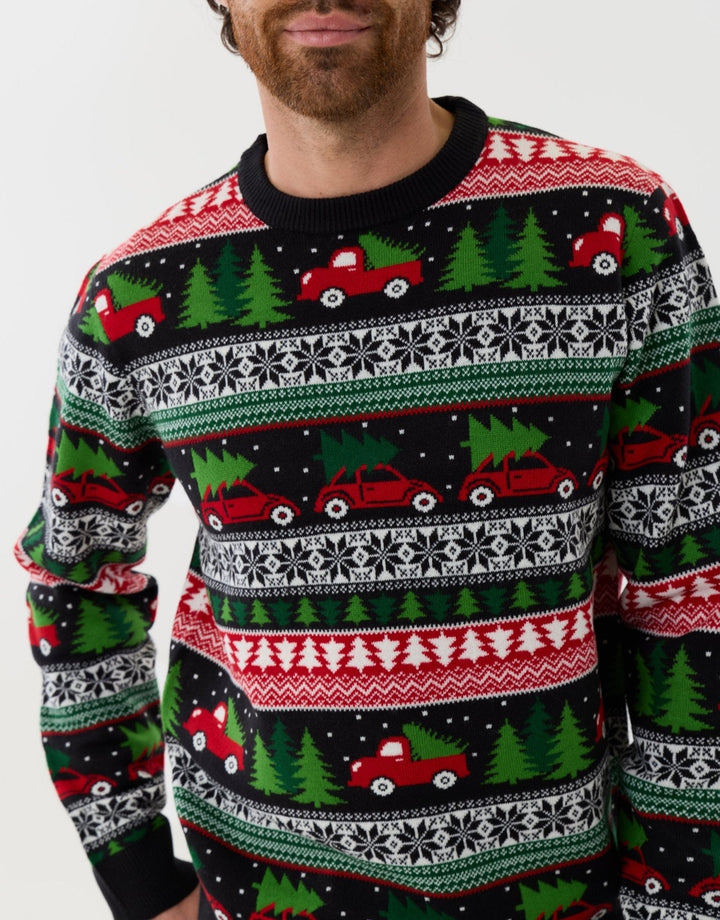 Men's Christmas Jumper Fair Isle Red Car Tree Crew Neck