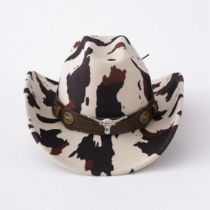 Men's Cow Print Cowboy Hat with Bull Head Band