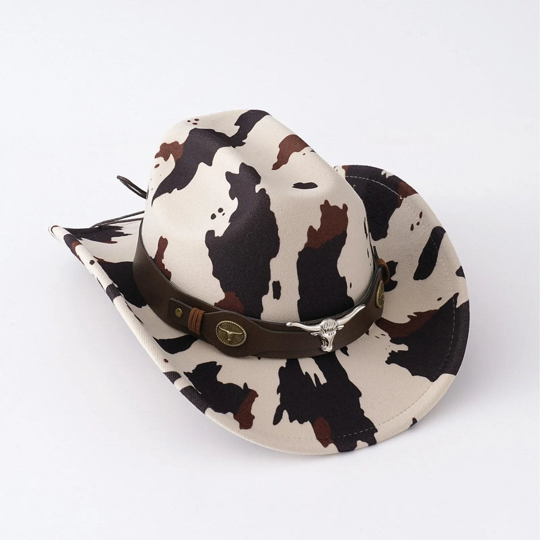 Men's Cow Print Cowboy Hat with Bull Head Band