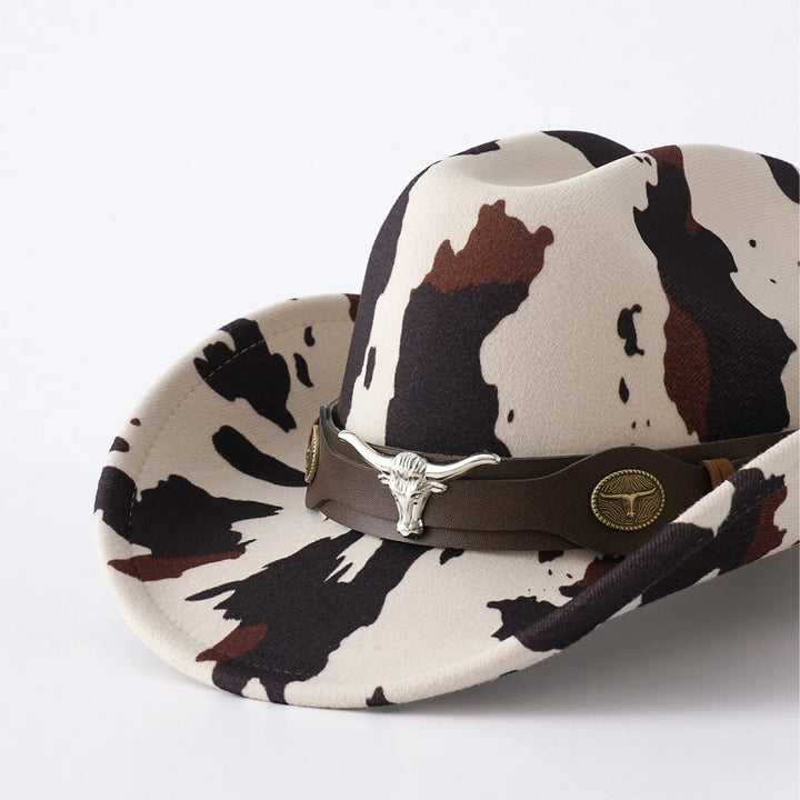 Men's Cow Print Cowboy Hat with Bull Head Band