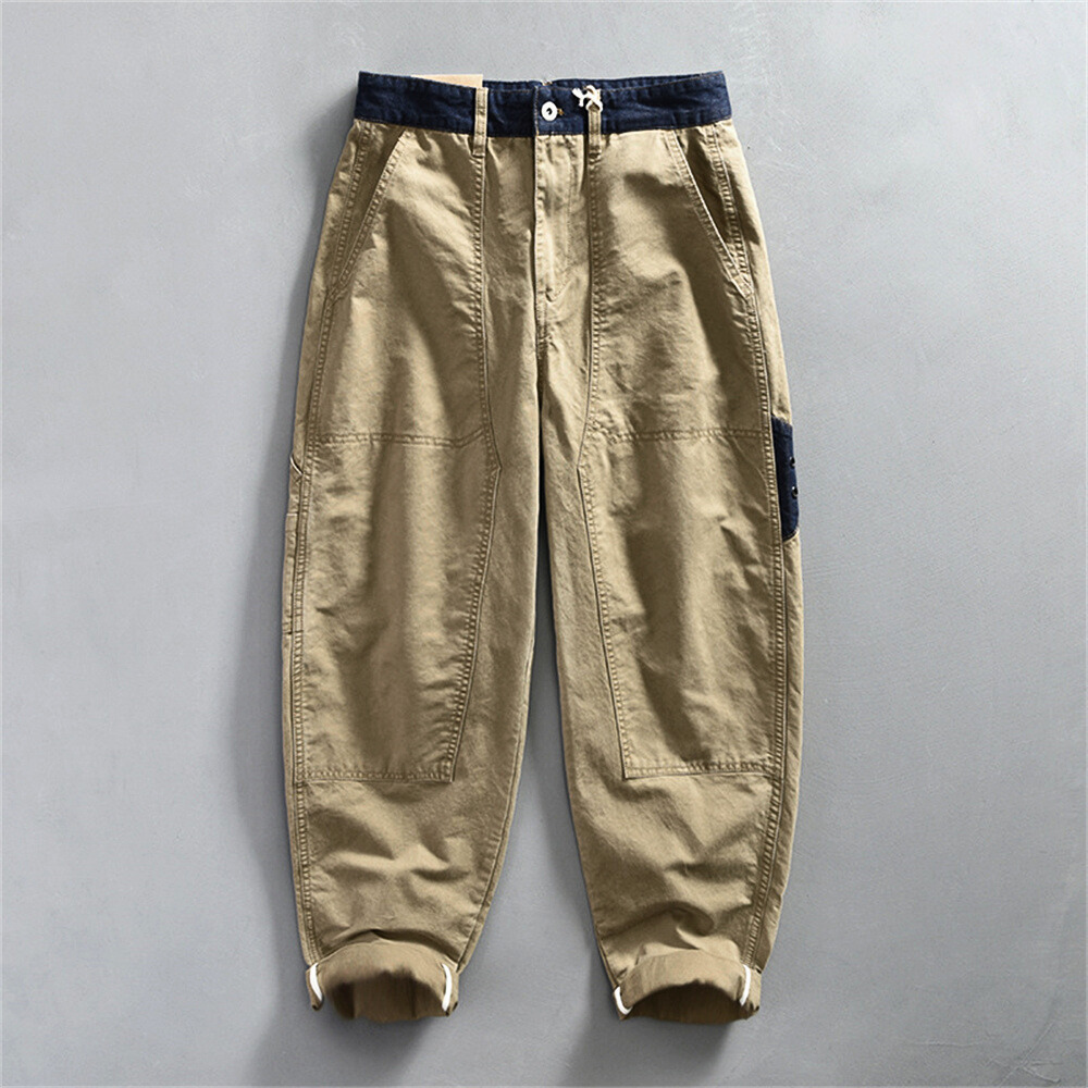 Men's Cropped Cargo Trousers with Navy Waistband Trim