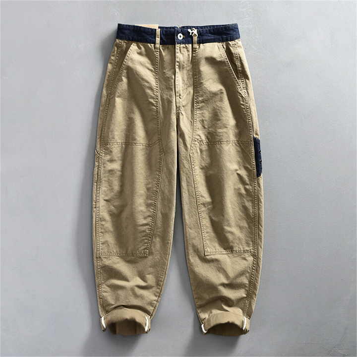 Men's Cropped Cargo Trousers with Navy Waistband Trim