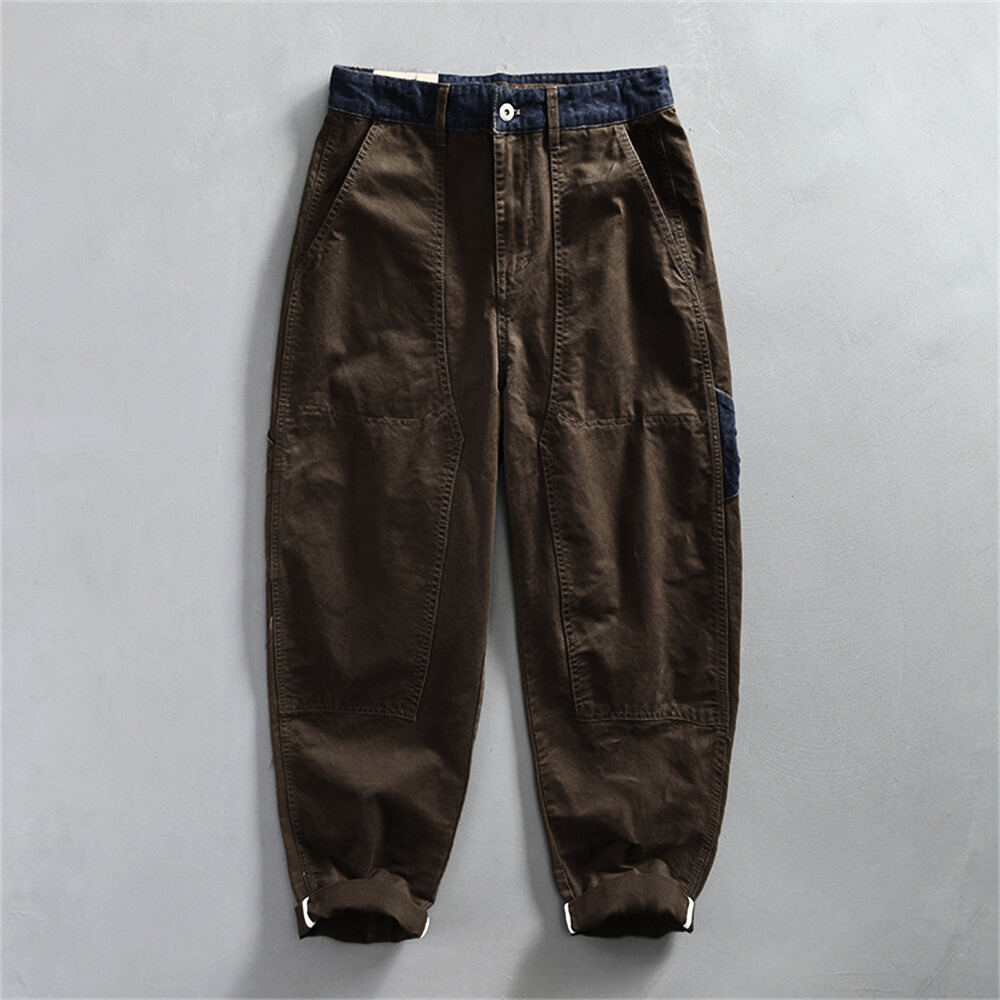 Men's Cropped Cargo Trousers with Navy Waistband Trim