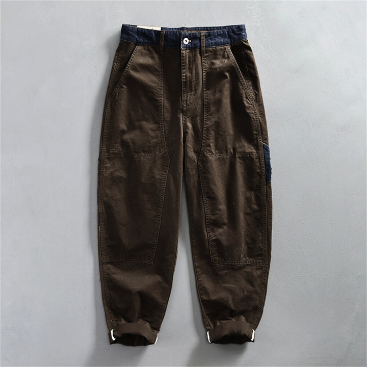 Men's Cropped Cargo Trousers with Navy Waistband Trim