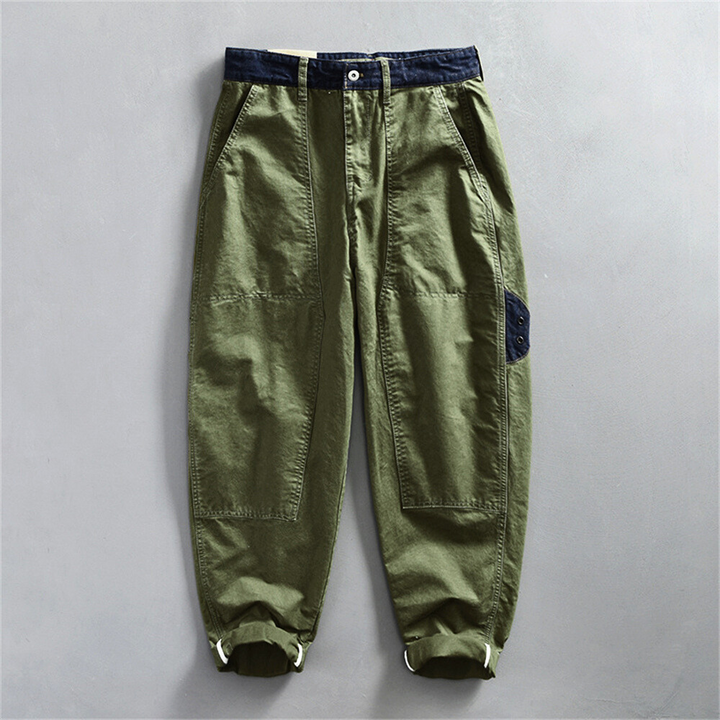 Men's Cropped Cargo Trousers with Navy Waistband Trim