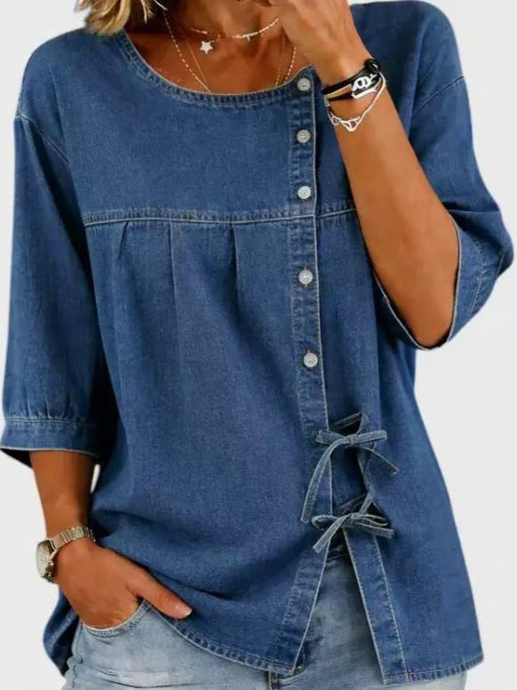 Women's Denim Tie-Front Buttoned Top