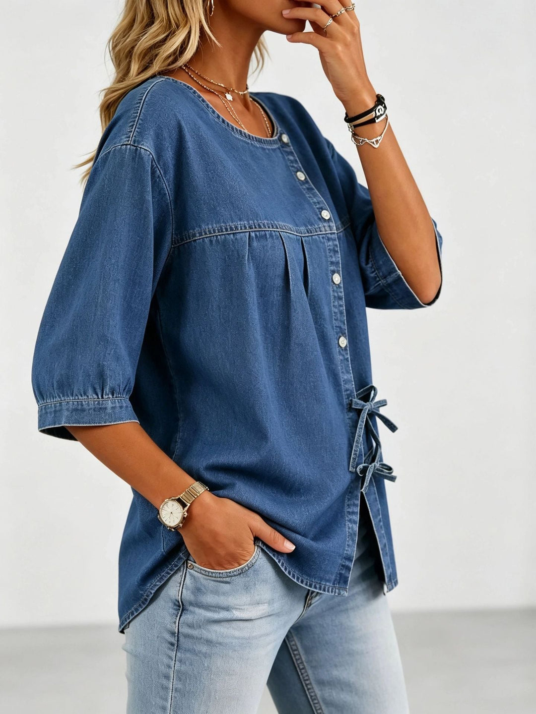 Women's Denim Tie-Front Buttoned Top
