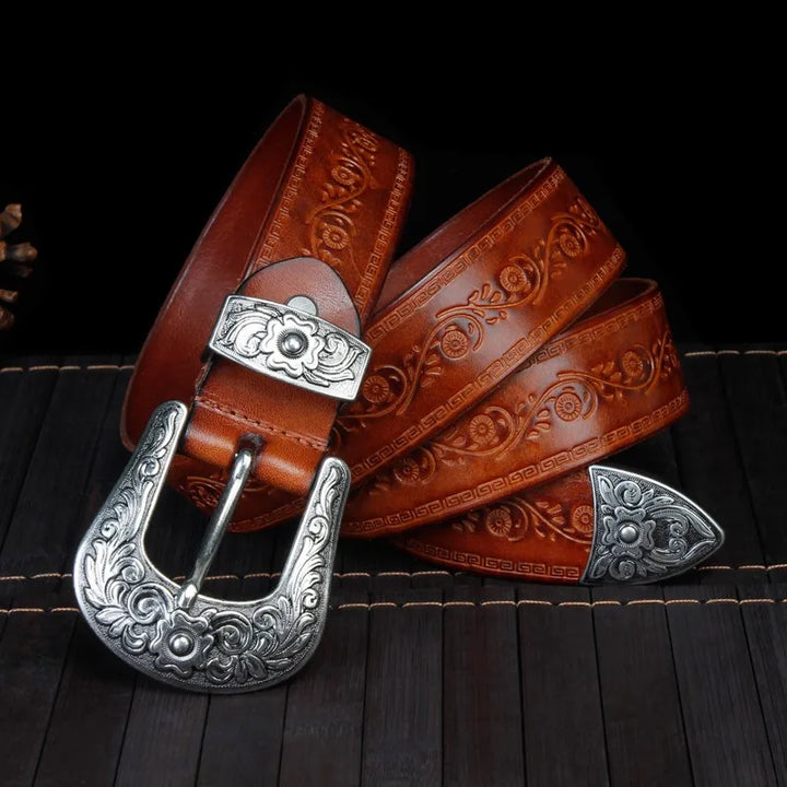Men's Engraved Western Belt with Metal Buckle
