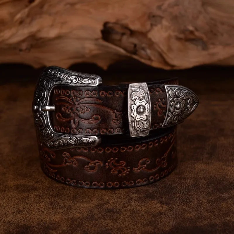 Men's Engraved Western Belt with Metal Buckle