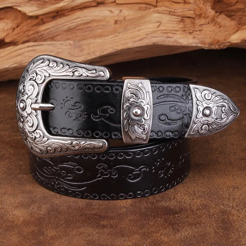 Men's Engraved Western Belt with Metal Buckle