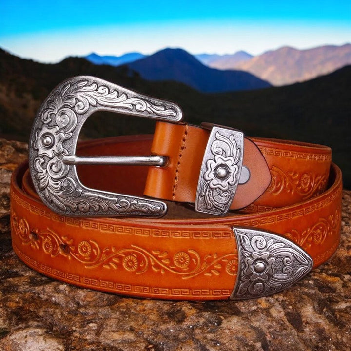 Men's Engraved Western Belt with Metal Buckle