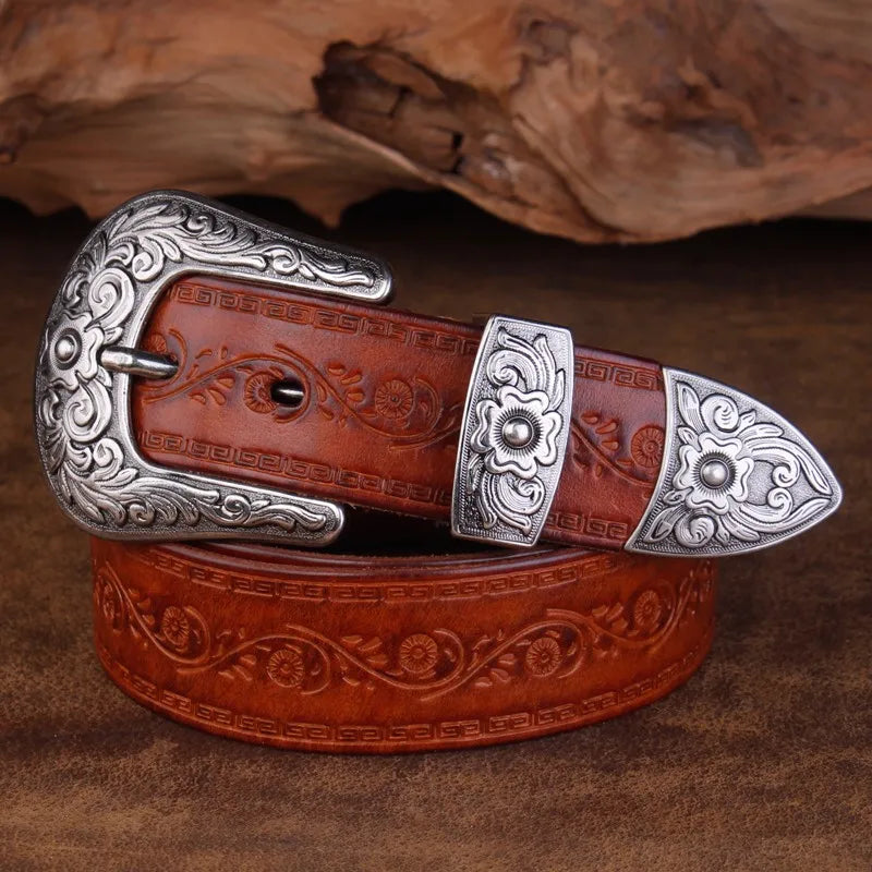 Men's Engraved Western Belt with Metal Buckle