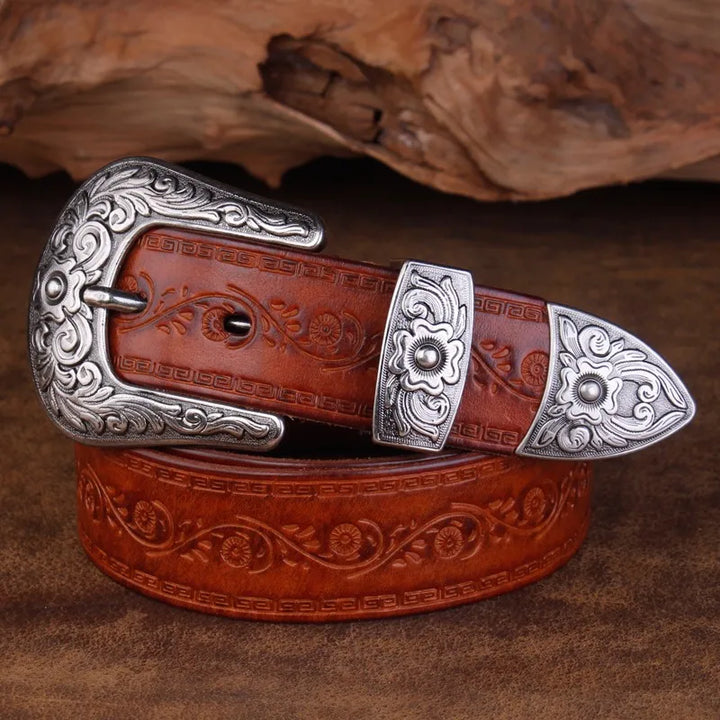 Men's Engraved Western Belt with Metal Buckle