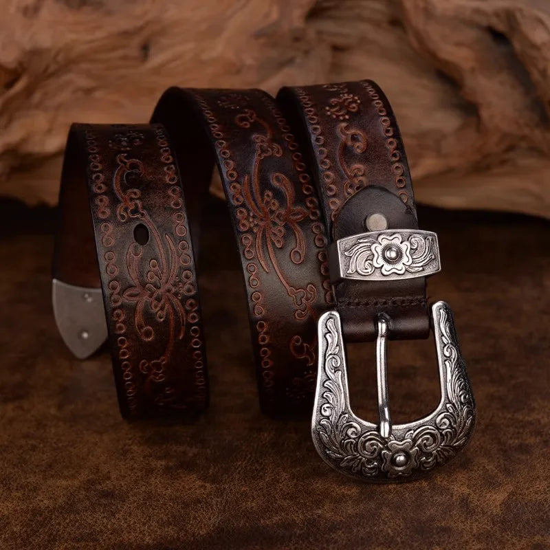 Men's Engraved Western Belt with Metal Buckle