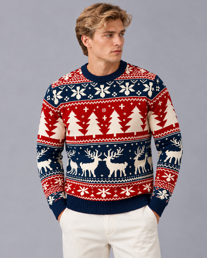 Men's Christmas Jumper Fair Isle Reindeer Tree Crew Neck