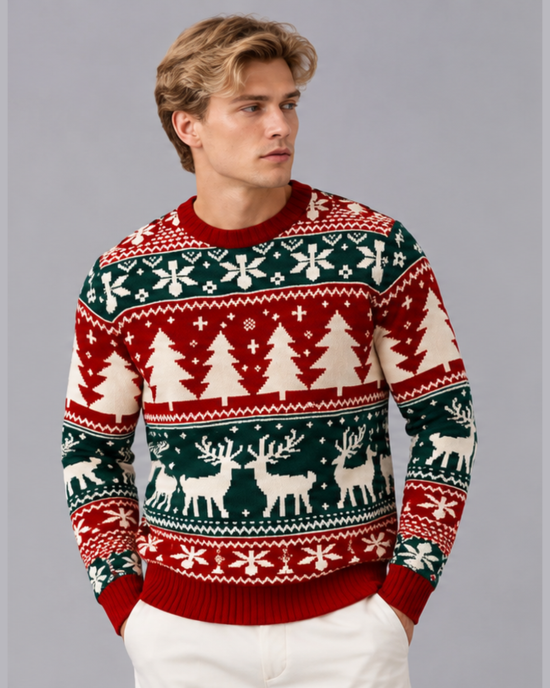 Men's Christmas Jumper Fair Isle Reindeer Tree Crew Neck