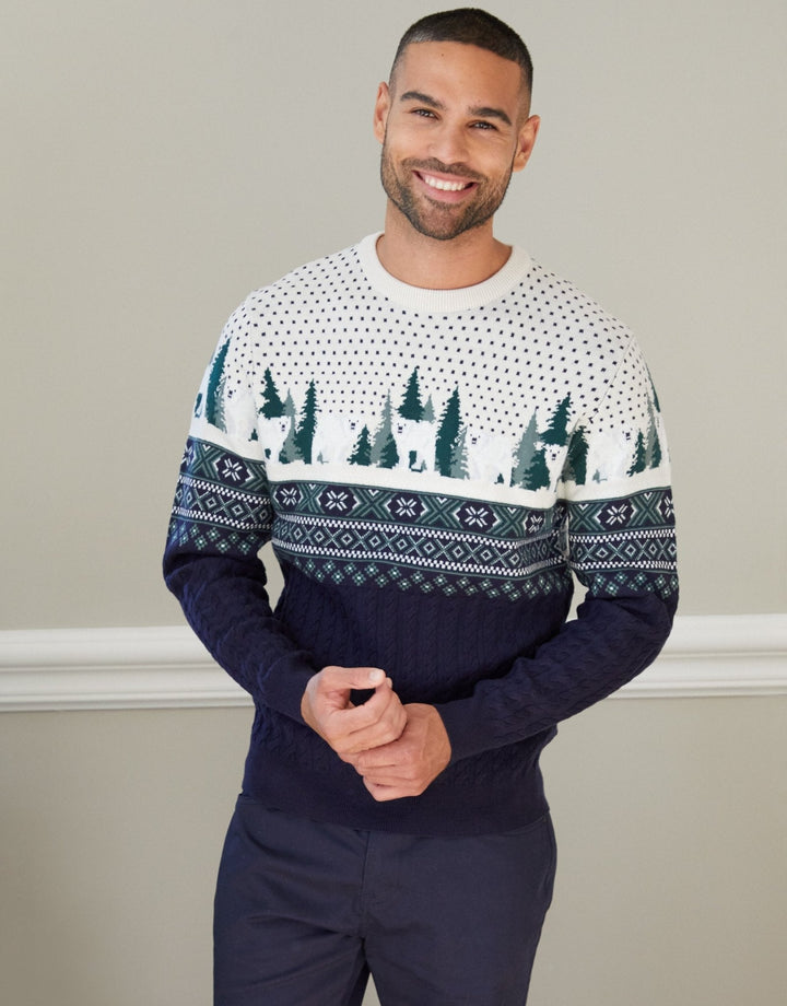 Men's Christmas Jumper Fair Isle Polar Bear Cable Knit in Navy
